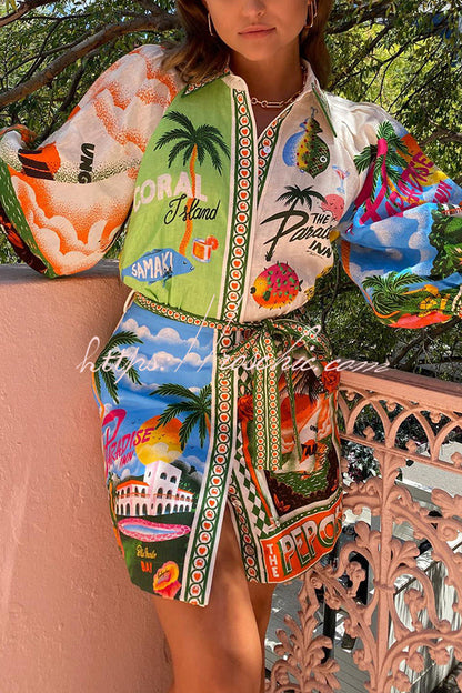 Summer Sophistication Linen Blend Unique Print Belted Pocket Shirt Mini Dress