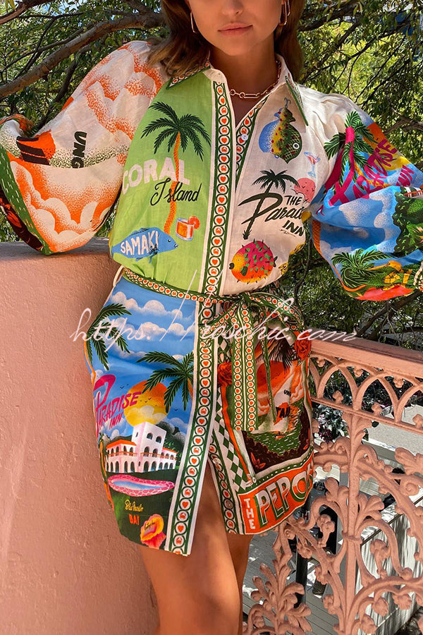 Summer Sophistication Linen Blend Unique Print Belted Pocket Shirt Mini Dress