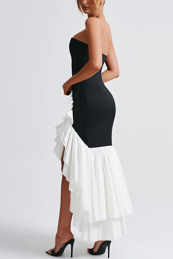 Contrast Color Off-shoulder Slim Fit Irregular Hem Maxi Dress