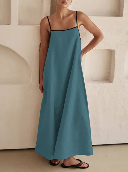 A-line Loose Split-joint Spaghetti-neck Maxi Dresses