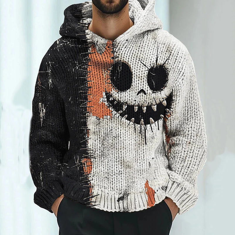 Men's Halloween Pumpkin Face Colorblock Stitched Cozy Knit Hooded Sweater elevenforest