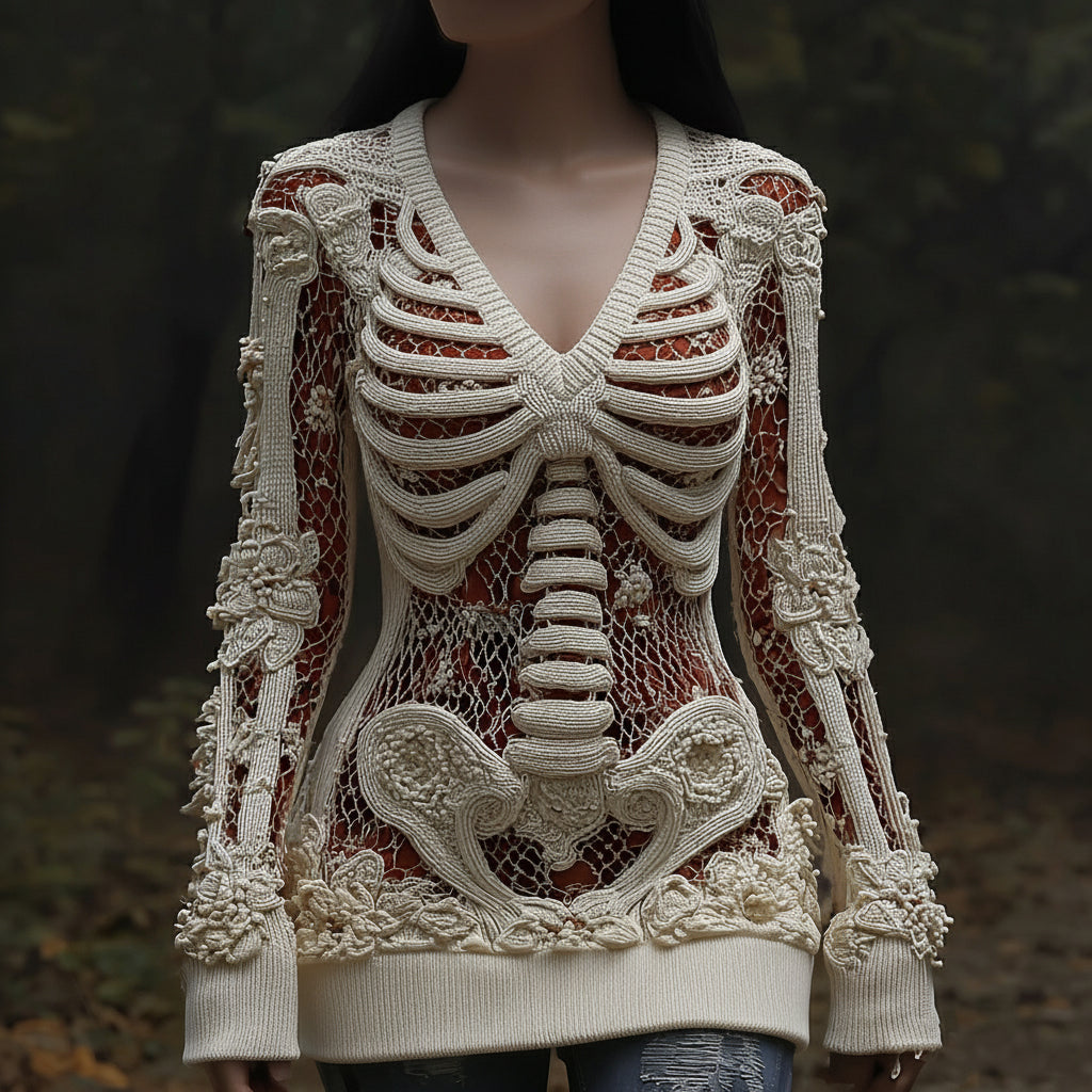 Women's Halloween Skull Sequin Art Knitted Warm V-neck Sweater artswardrobe
