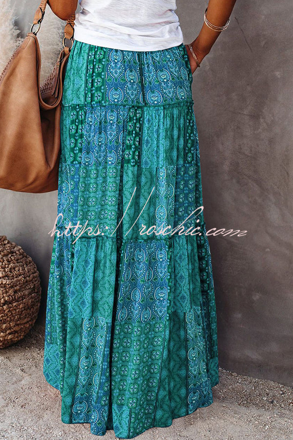 Print Stretch Elastic Waist Pocket High Waist Skirt