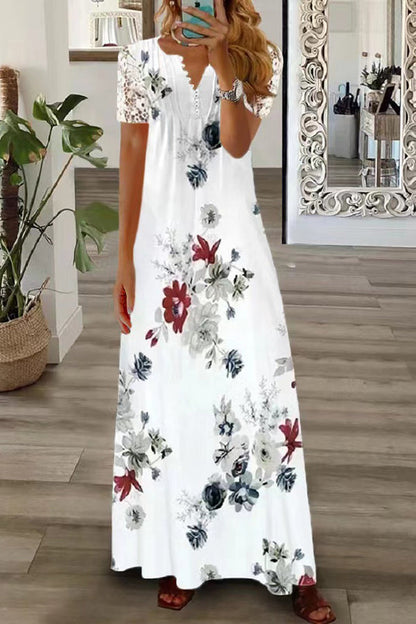 V Neck Button Lace Sleeve Holiday Beach Maxi Dress