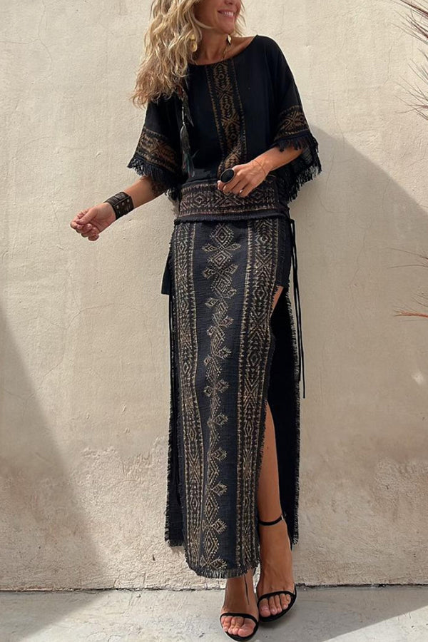Alana Linen Blend Print Patchwork Side Lace-up Maxi Skirt