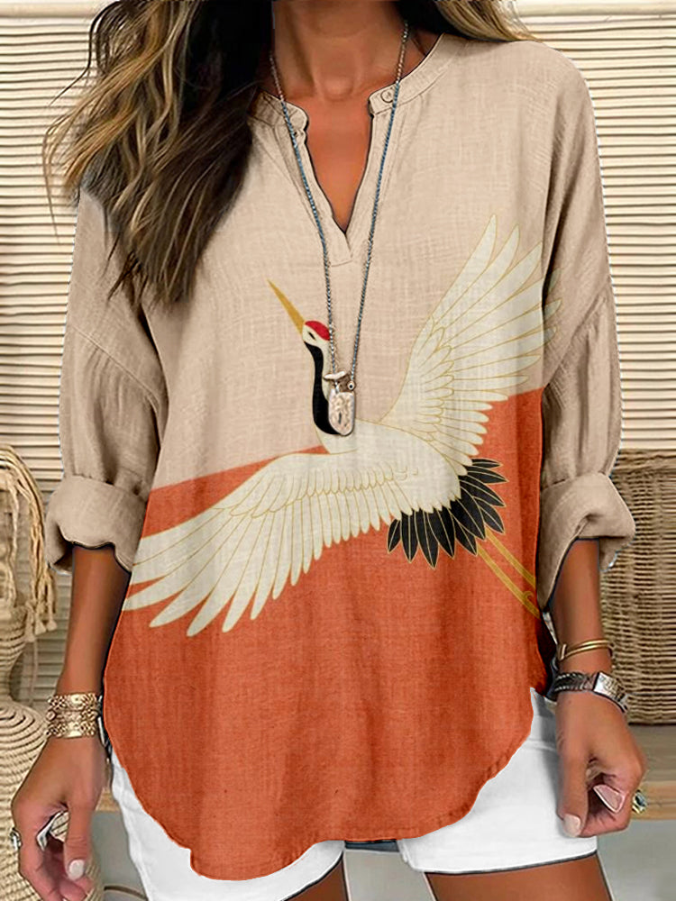 Comstylish Vintage Flying Crane Japanese Art Linen Tunic