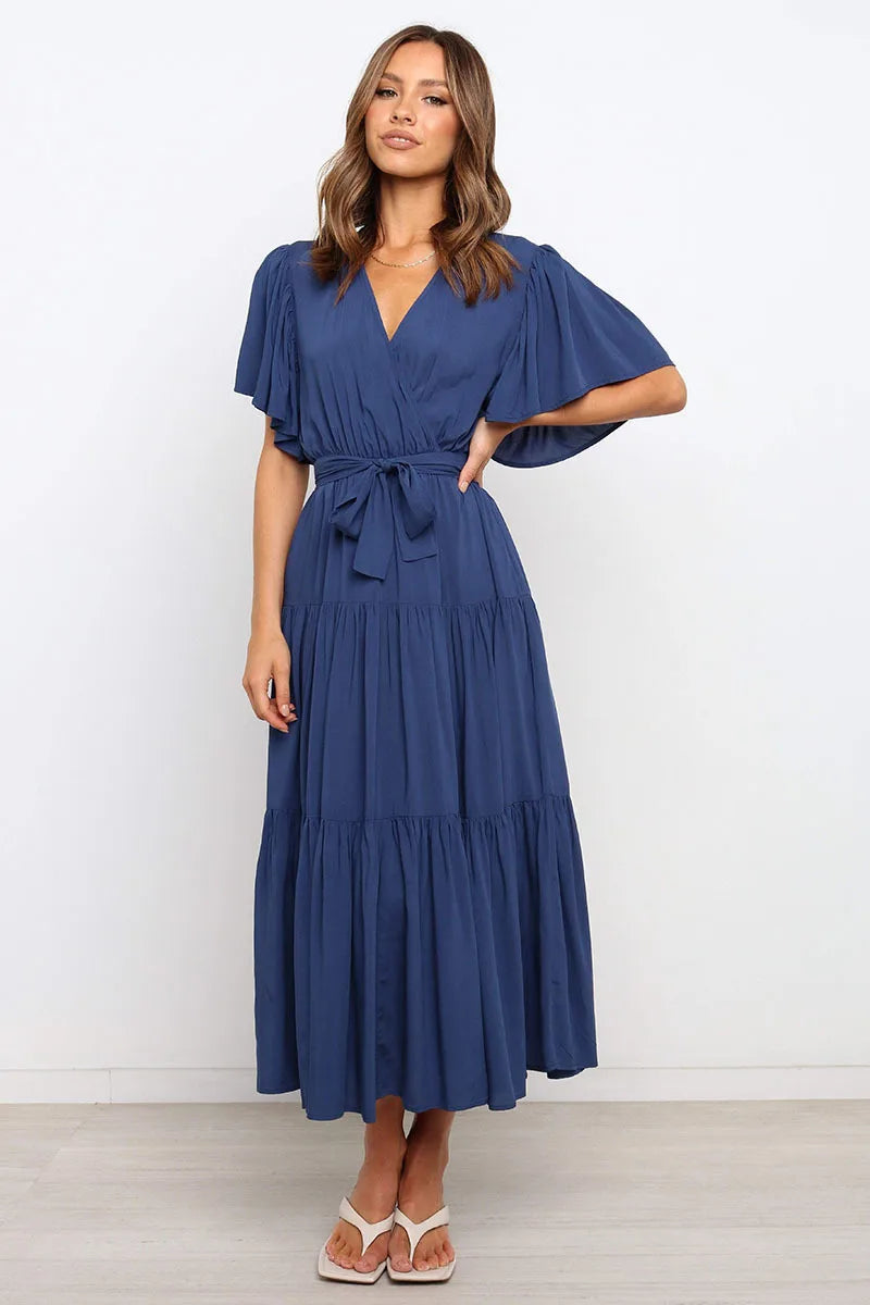 Color Ruffles Long Dresses V-neck Ruffle Sleeves Leace-up Temperament Lady Dress Summer New