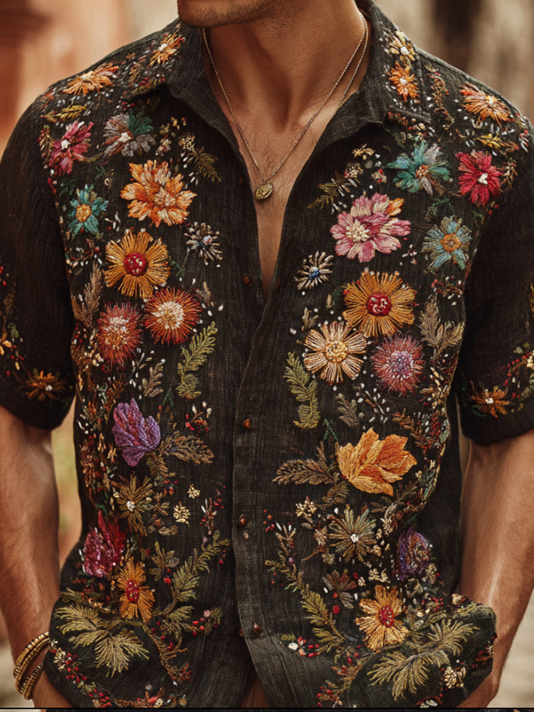 Bohemian Style Colored Floral Diamond Black Men's Vintage Lapel Short-sleeved Shirt elevenforest
