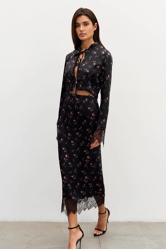 Button Front Long Sleeve Blouse Skirt Set