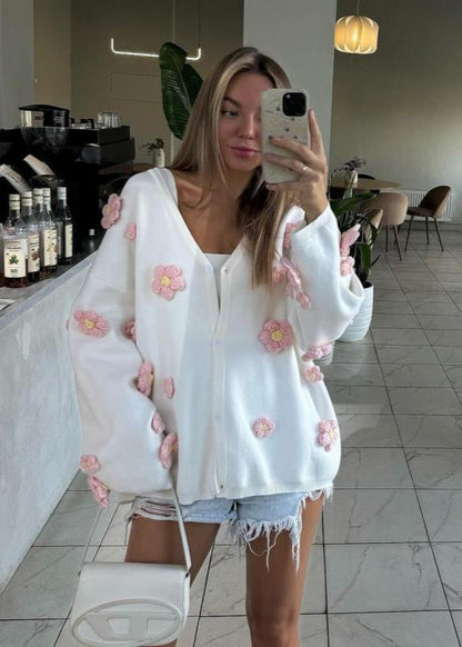 Blush Bloom - 3d Knit Cardigan With V-neck