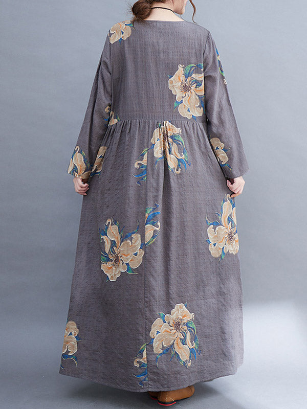 Loose Pleated Flower Printed Round-neck Long Sleeves Maxi Dress