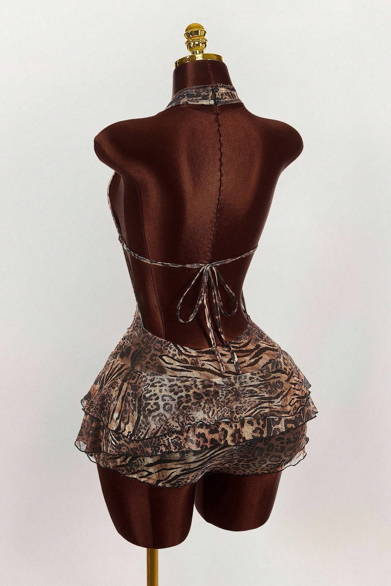 Leopard Print Halter Tie Tiered Mini Dress