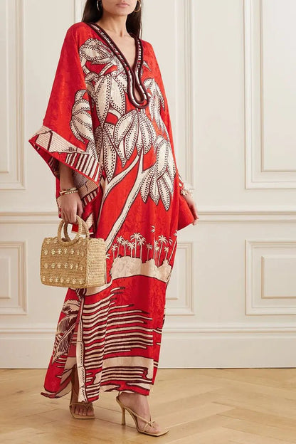 African Print Maxi Dress - Long Sleeve Caftan Style