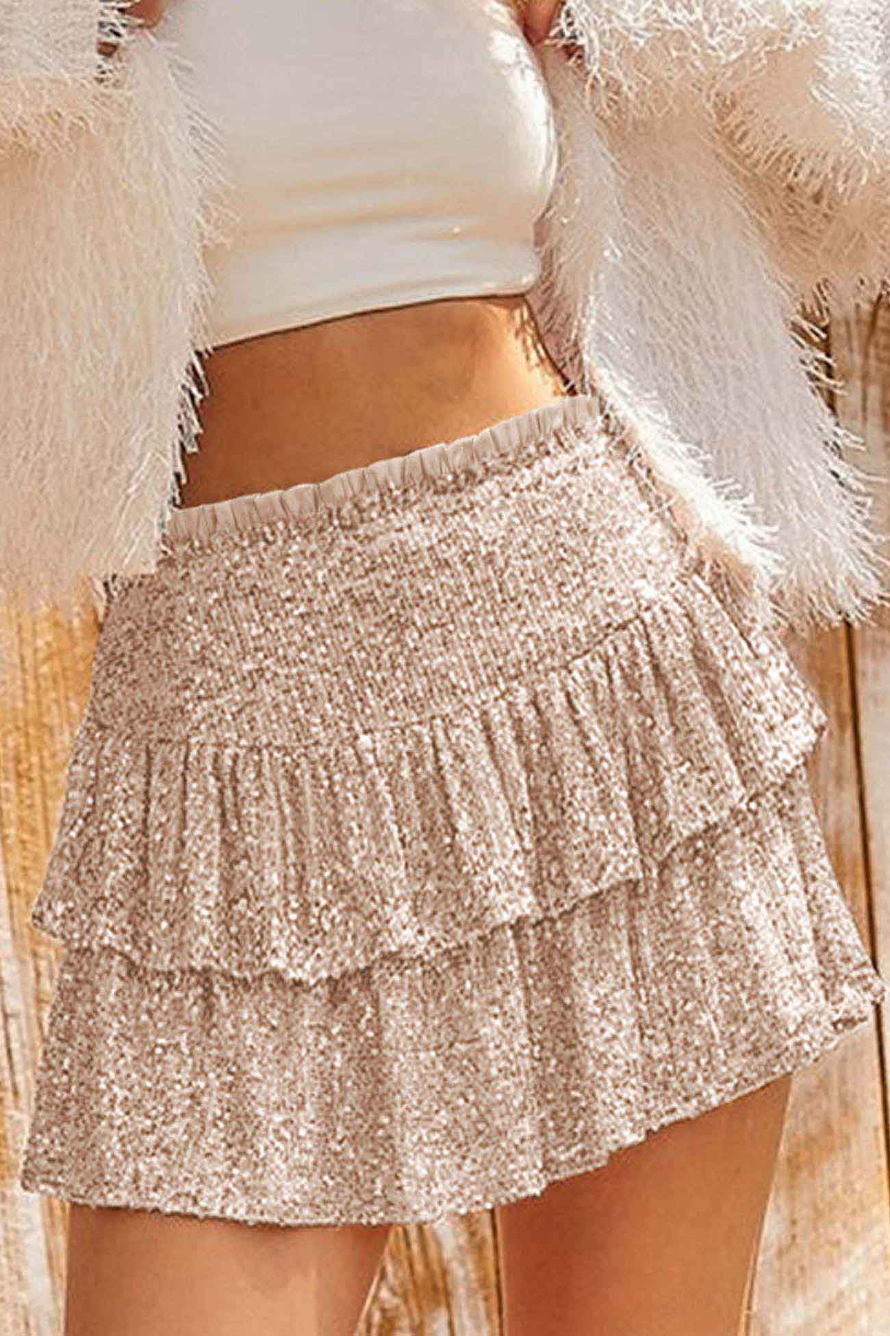 Sequined Pleated Tiered Mini Skirt