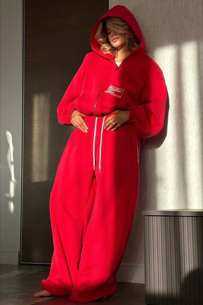 Athletic Hooded Zipper Oversized Two Piece Set