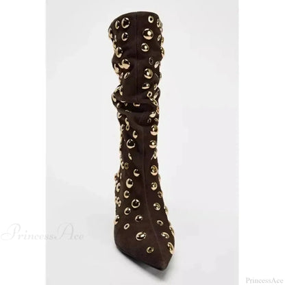 Attractive Rivet Pleated Tall Heel Pointed Gothic Boot