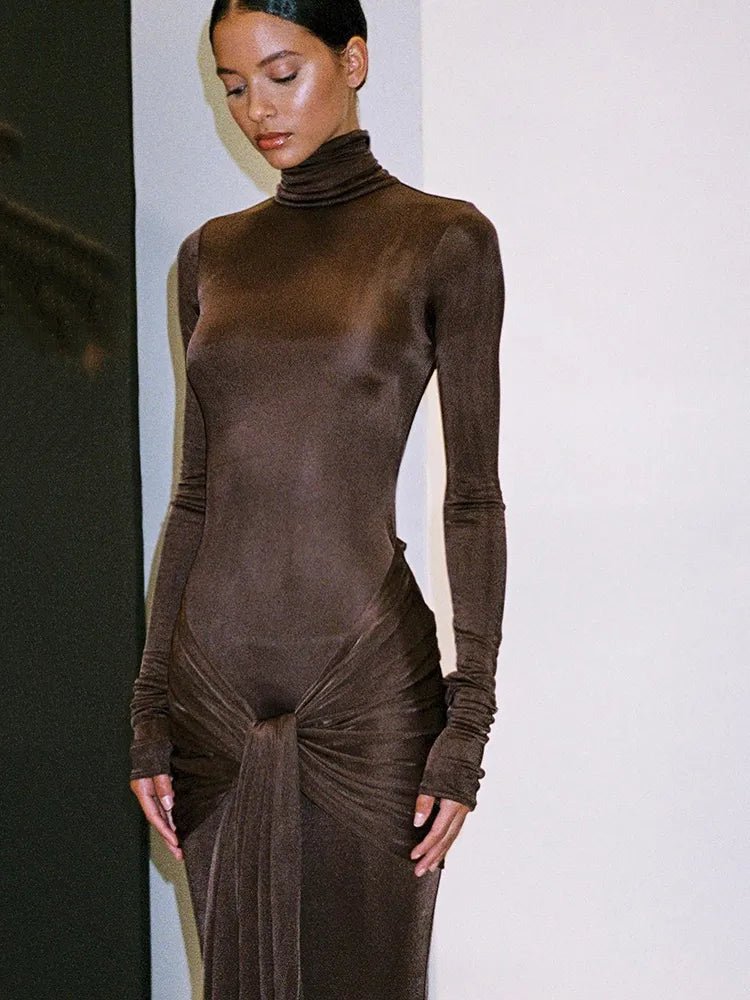 Lace-up High Neck Bodycon Maxi Dress for , Perfect for Autumn