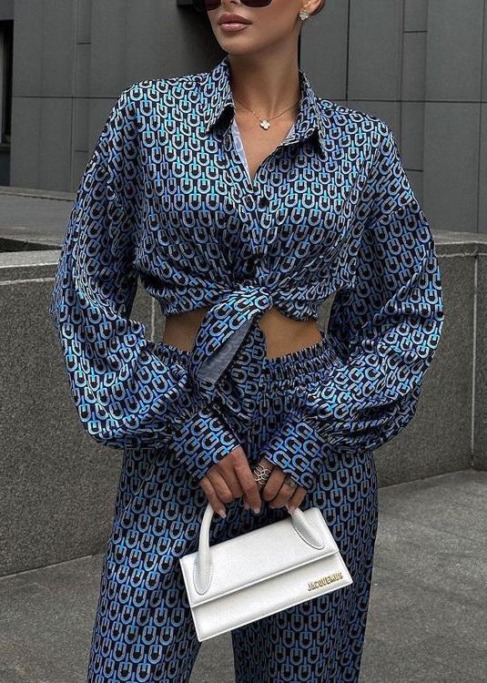 Ease - Printed Button-up Shirt and Wide-leg Pants Set