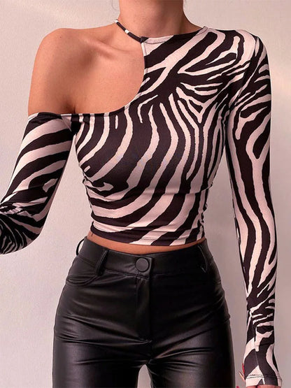 ’s T-shirt Long Sleeve Strapless Irregular Zebra Print Top Spring New Product Short Top Y2k Tees Newgirls