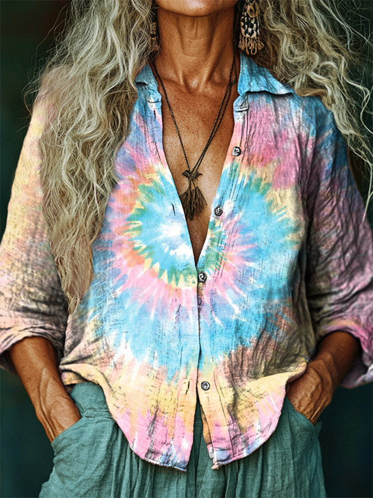 Women's Tie-Dye Pattern Art Print Casual Cotton Shirt