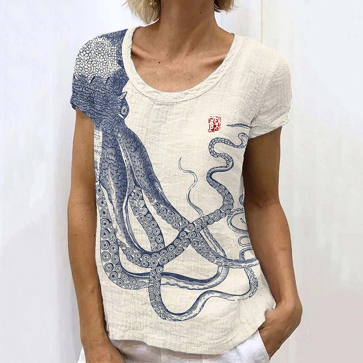 Retro Japanese Art Octopus And Crab Linen Casual T-Shirt elevenforest