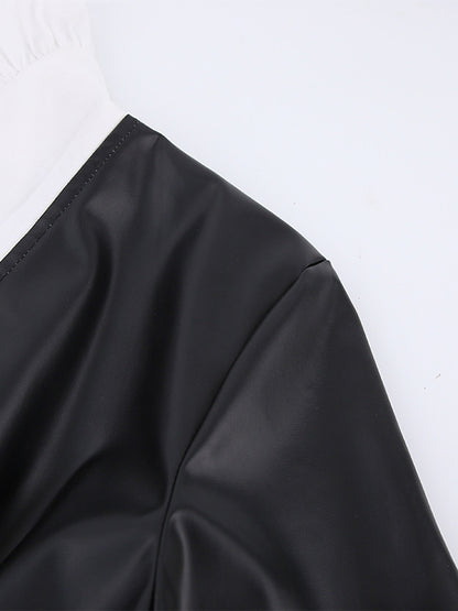 Loose Puff Sleeves Elasticity Pleated Split-joint Peter Pan Collar Mini Dresses