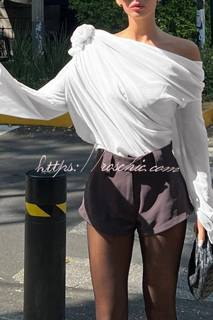 Three Dimensional Flower Tulle Off Shoulder Long Sleeved Blouse