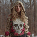 Comstylish Women's Halloween Pink Vintage Pink Rose White Skull Crochet Hoodie Sweater