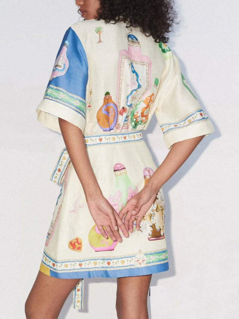Unique Exquisite Oil Painting Print Lace-up Cardigan Mini Dress