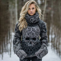Women's Vintage Rose Skull Jacquard Chunky Knit Ombre Turtleneck Sweater artswardrobe