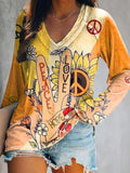 Women's Casual Hippie Peace Love Art Print V Neck Long Sleeve Tops