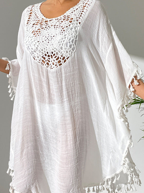 Batwing Sleeves Loose Hollow Color Sun Protection Tasseled Round-neck Cover-ups Tops Midi Dresses