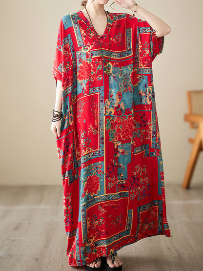 Loose Short Sleeves Printed Multi-colored V-neck Maxi Dresses