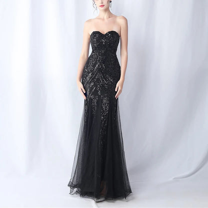 New High Waist Slim Fishtail Party Long Dresses Woman Tube Top Sleeveless Backless Sequined Evening Dress