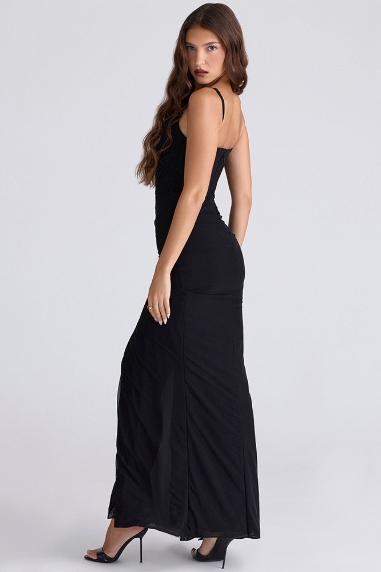Slim Spaghetti Strap Ruched Slit Maxi Dress