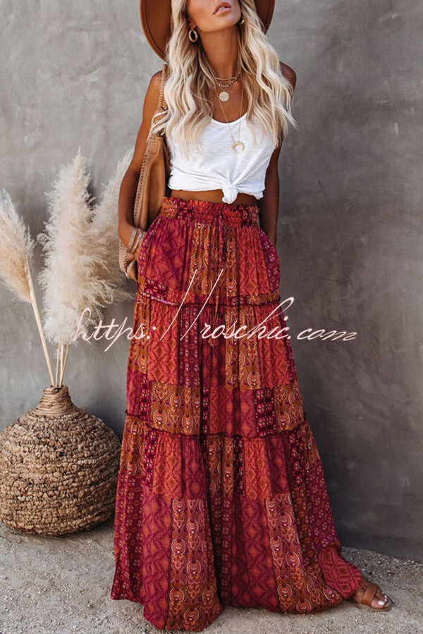 Print Stretch Elastic Waist Pocket High Waist Skirt
