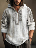 Vintage Greek Key Pattern Men's Hooded Linen Shirt elevenforest