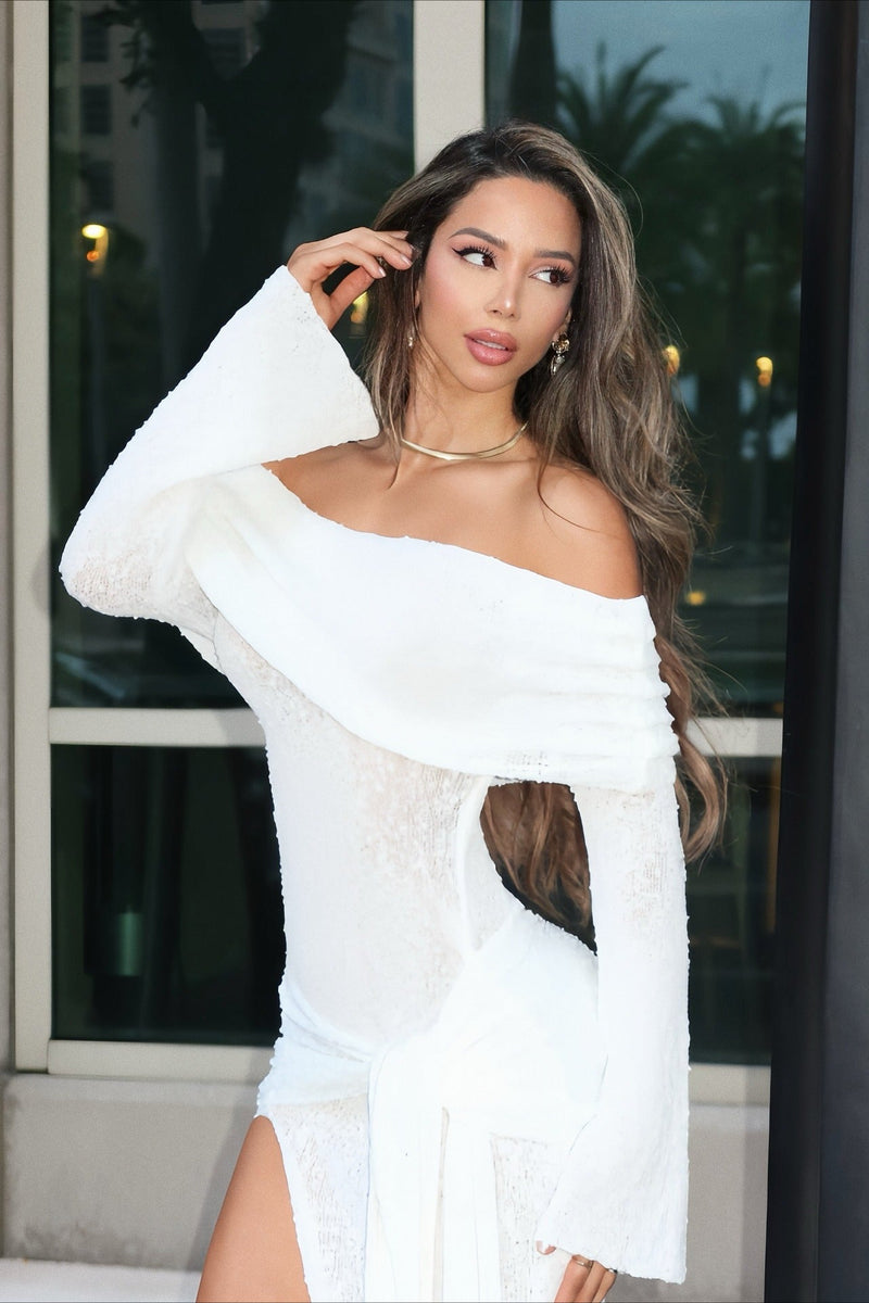 Off Shoulder Cutout Flare Sleeve Fitted Sash Maxi Dress