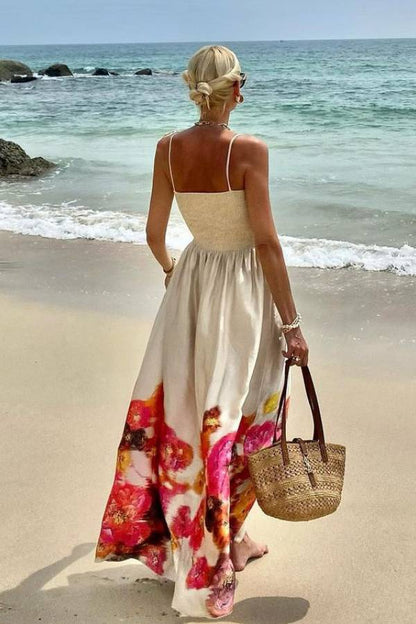 Hidden Garden Satin Print Smocked Tie-up Shoulder Maxi Dress