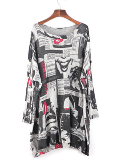 Urban Loose One-shoulder Printed Split-joint Sweater