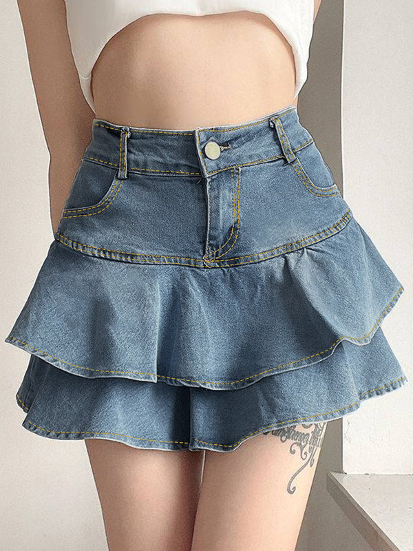 Blue High Rise Tiered Denim Mini Skirt