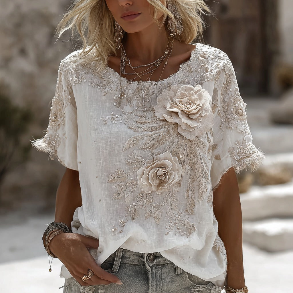 Vintage Rose Embroidery Art Round Neck Short Sleeve Linen Blend T-shirt elevenforest