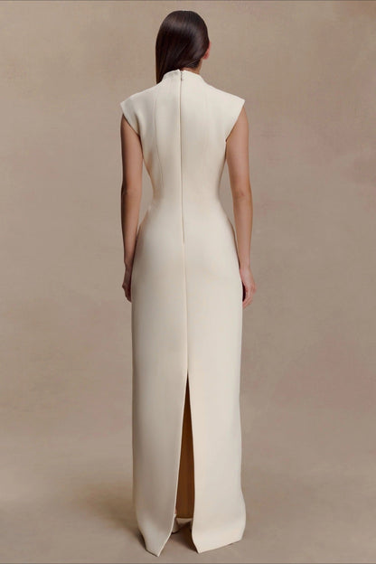Asymmetrical Cutout Metal Trim Ruched Maxi Dress