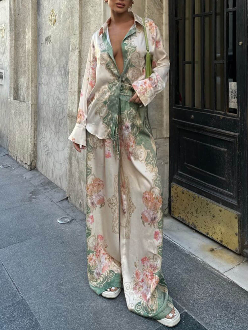 Unique Loose Printed Stretch Waist Wide Leg Pants