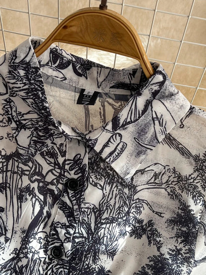 Summer Retro Shirt Dress Short Sleeved Lapel Single Breasted A-line Print Long Dresses Party Long Robe