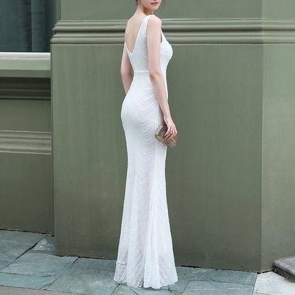 Backless Sequined Evening Dress High Waist Slim See Though Graduation Dress Party Long Dresses for