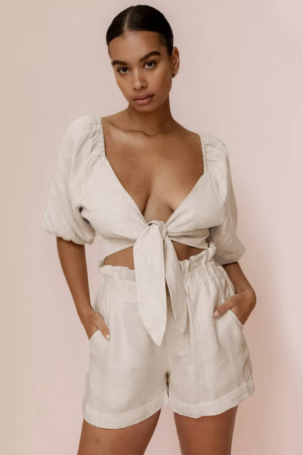Linen Wrap Front Tie Puff Sleeve Shorts Sets in Khaki