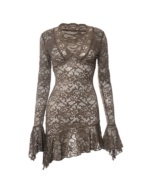 Lace V Neck Mini Dress With Trumpet Sleeve