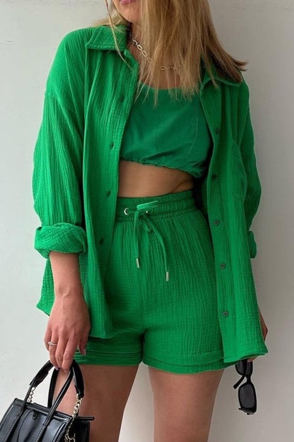 Textured Lapel Long Sleeve Top High Waist Shorts Set