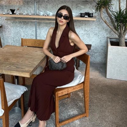 Trauxy Summer New Pleated Skirt Suit for Slim Sleeveless Short Vest Top Long Skirt High Waist Two Pieces Set